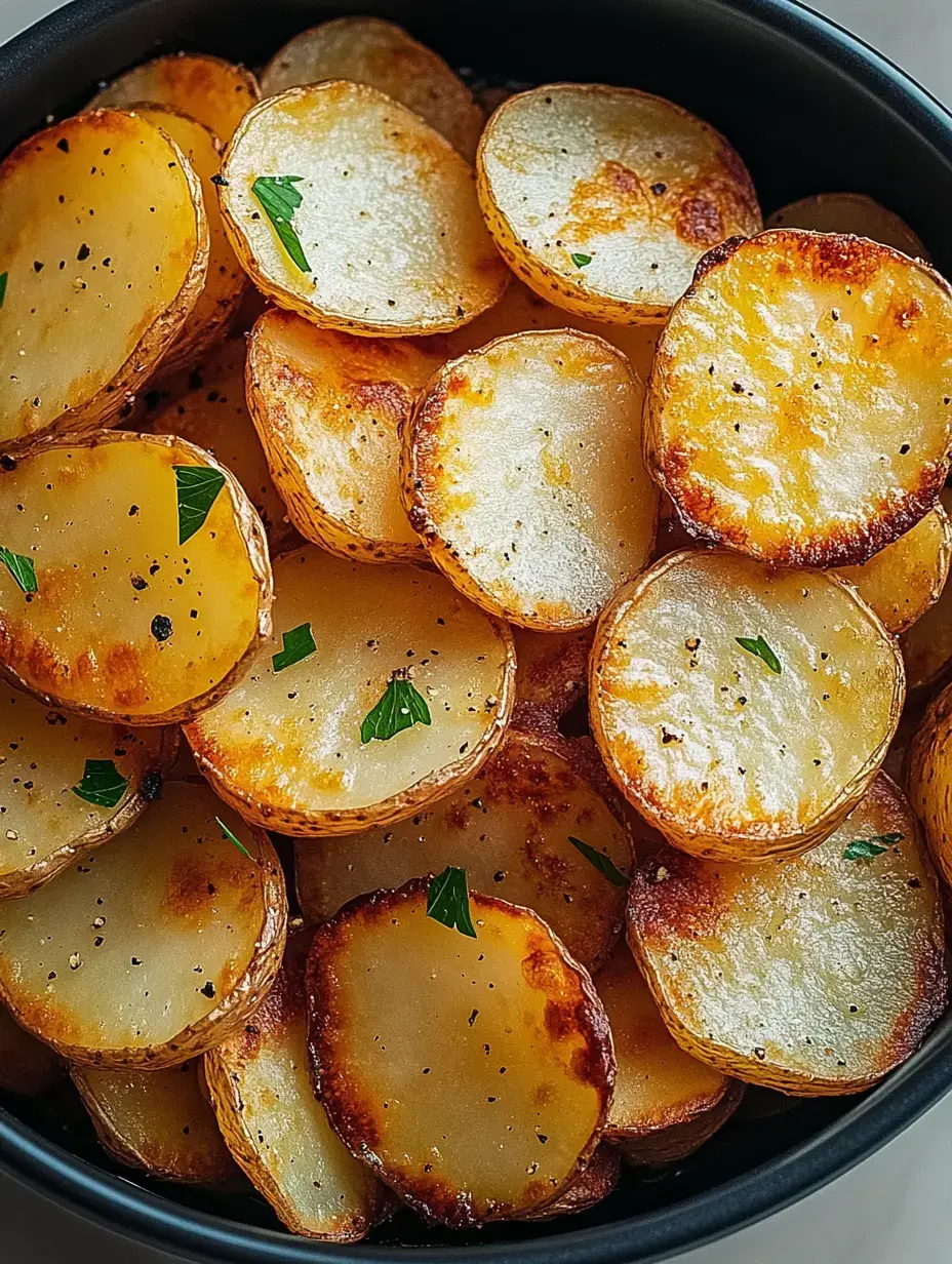 A close-up view of golden-brown roasted potato slices garnished with parsley and black pepper in a black bowl.