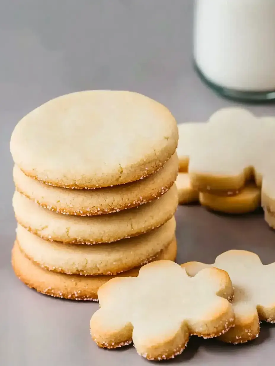 A stack of round sugar cookies is shown alongside several flower-shaped cookies on a gray surface, with a glass of milk in the background.