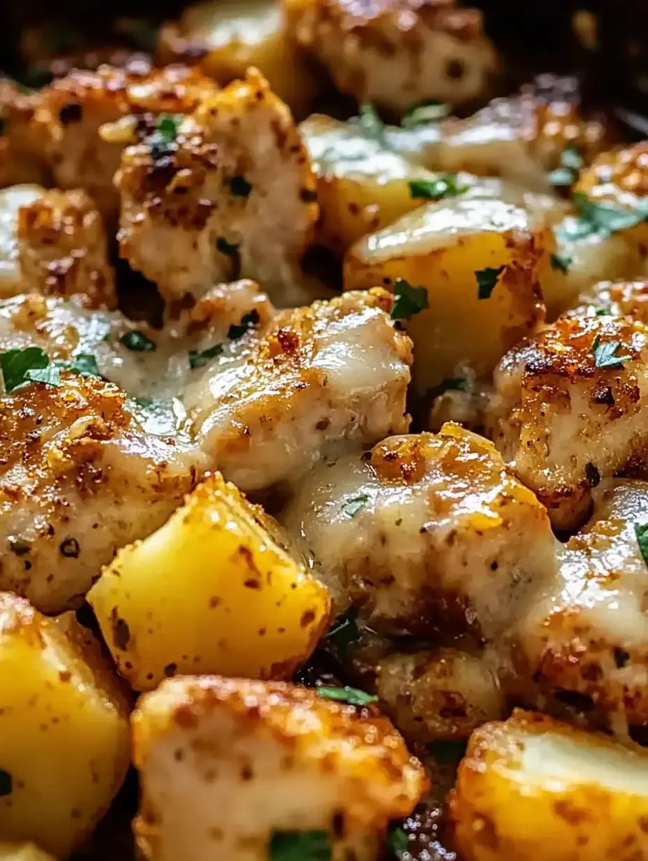 A close-up of golden-brown sautéed pieces of chicken and potatoes, topped with melted cheese and garnished with fresh herbs.