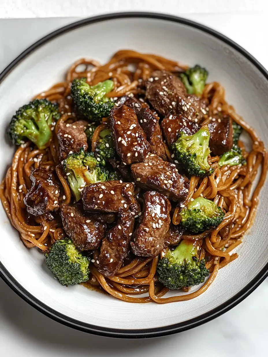 A close-up of a bowl filled with stir-fried beef, broccoli, and noodles, topped with sesame seeds.