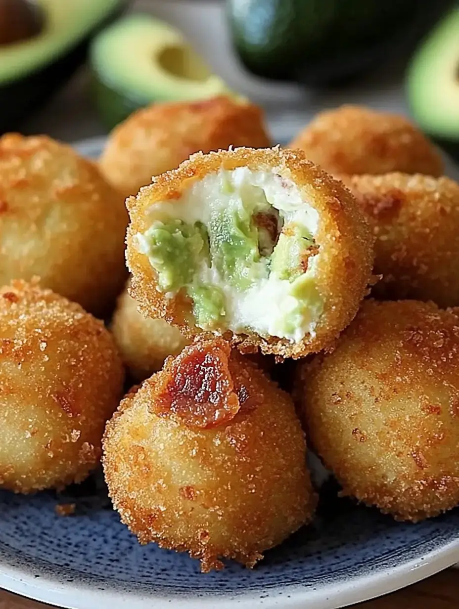 A plate of golden-brown fried balls filled with creamy avocado and cheese, with one cut open to reveal its green interior.