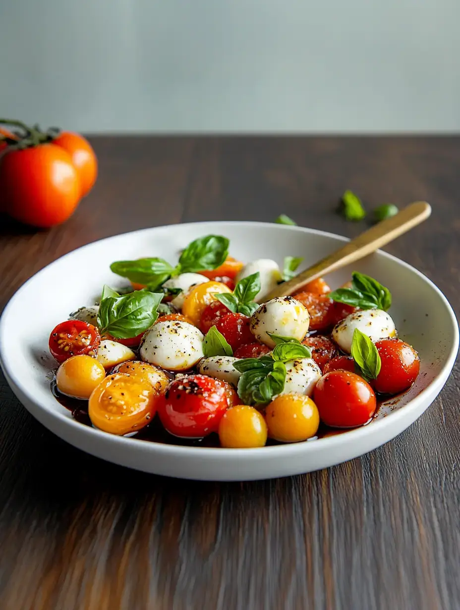 A white bowl filled with colorful cherry tomatoes, fresh mozzarella balls, and basil leaves drizzled with balsamic vinegar, with a wooden spoon resting inside and some whole tomatoes in the background.