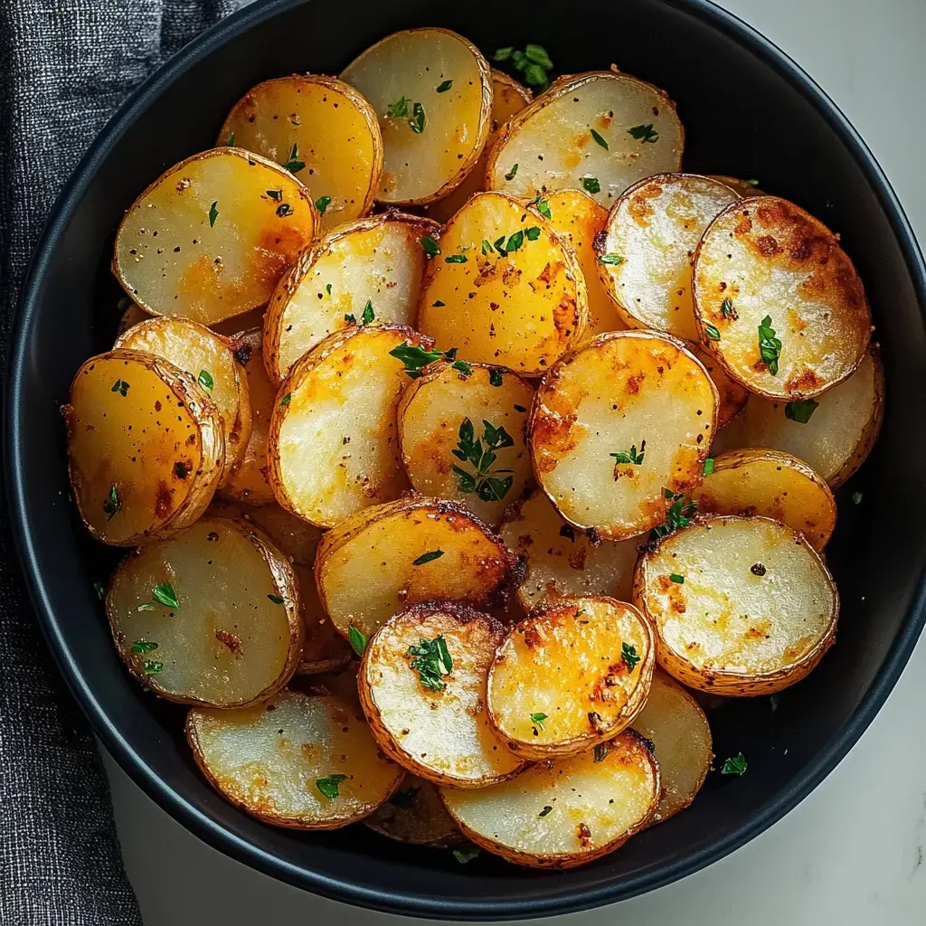 A black bowl filled with golden, crispy sliced potatoes, garnished with fresh herbs.