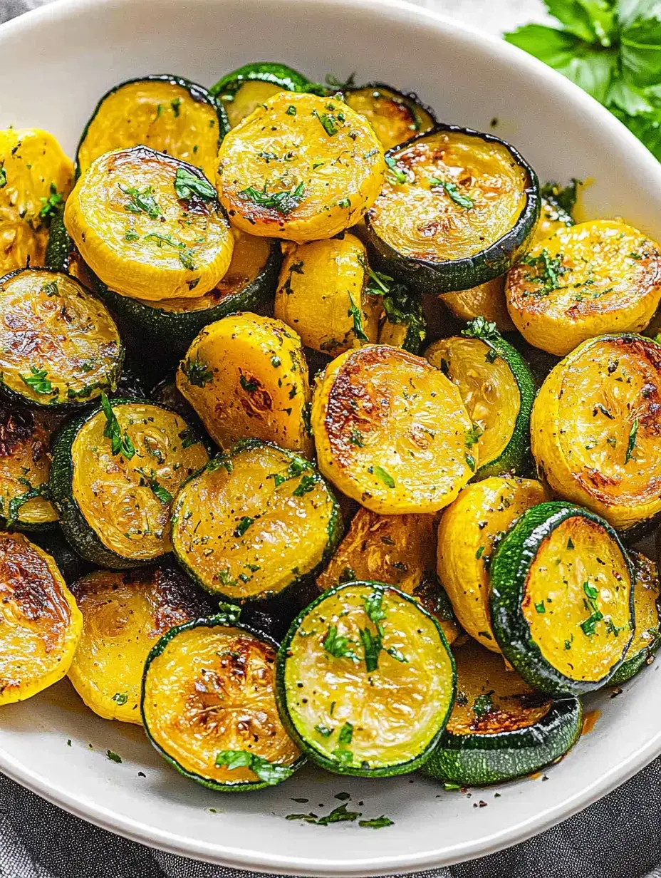 A bowl of sautéed yellow and green zucchini slices garnished with herbs.