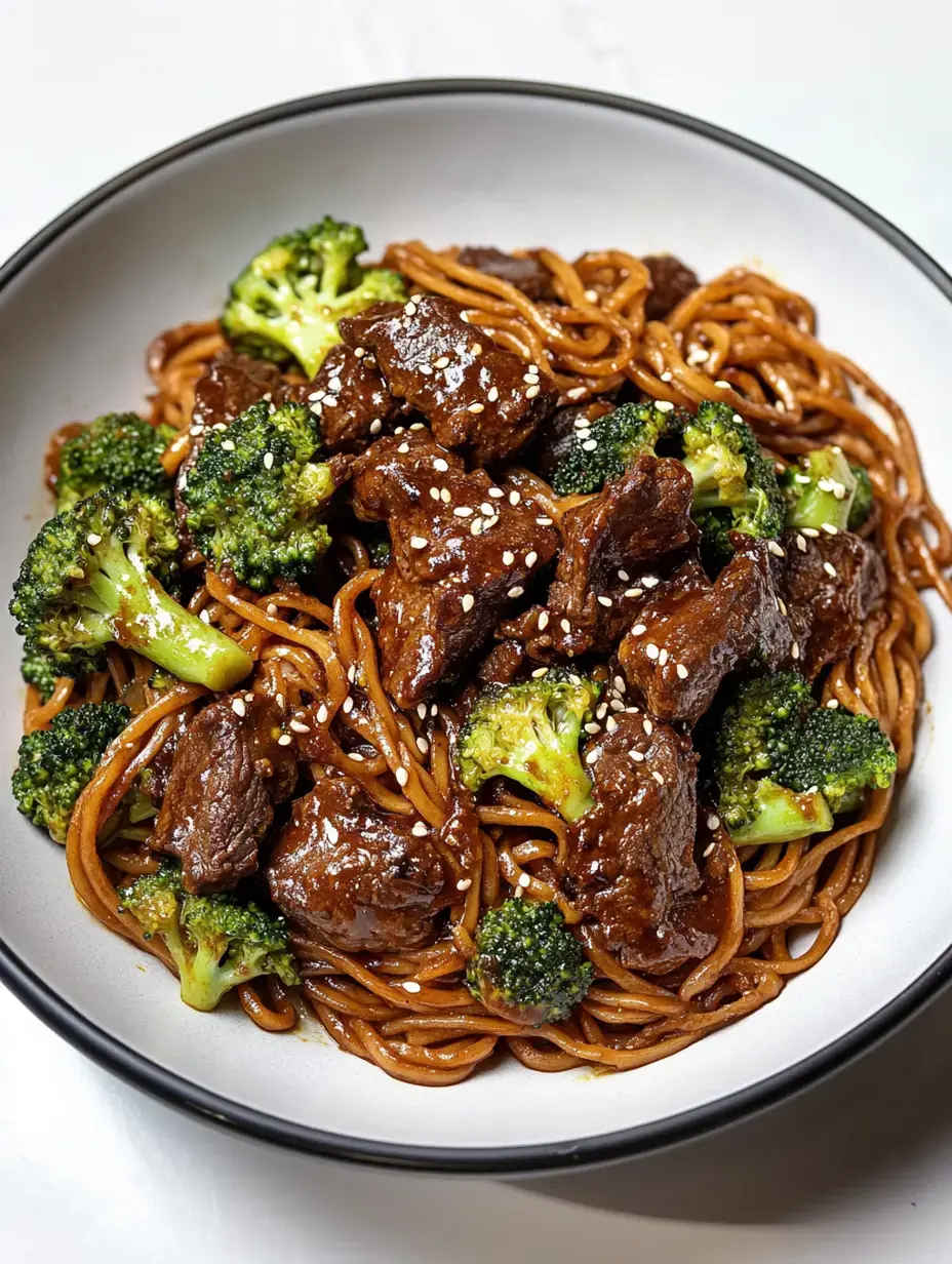 A bowl of stir-fried noodles with tender beef and broccoli, garnished with sesame seeds.