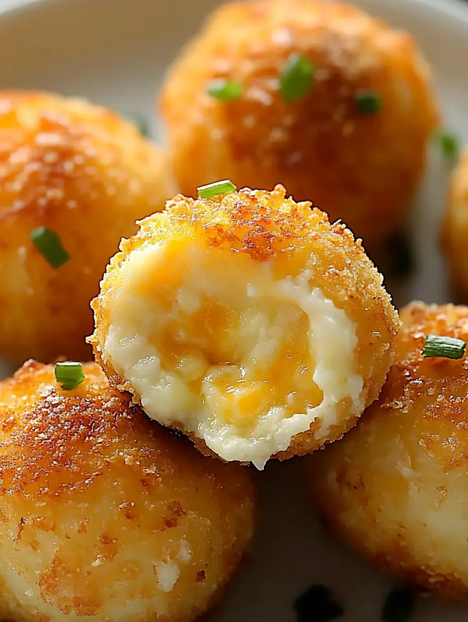 A close-up of golden-brown fried balls filled with creamy cheese, garnished with green onions on a white plate.