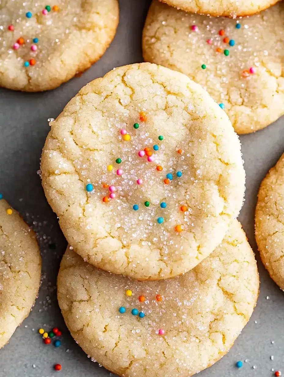 A close-up of soft, round sugar cookies sprinkled with colorful nonpareils and coarse sugar.