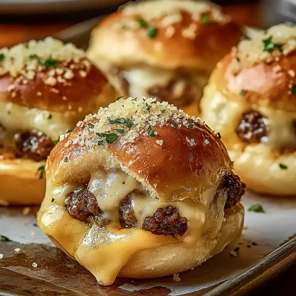 A close-up of soft, golden-brown slider buns filled with melted cheese and ground meat, topped with breadcrumbs and parsley.