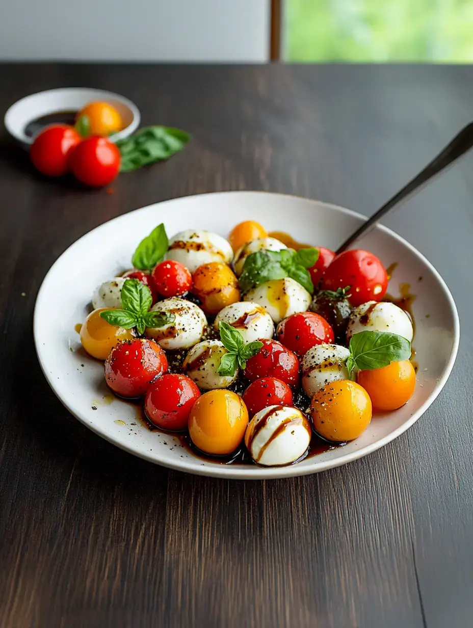 A white plate filled with colorful cherry tomatoes, mozzarella balls, and fresh basil drizzled with balsamic glaze, set on a dark wooden table.