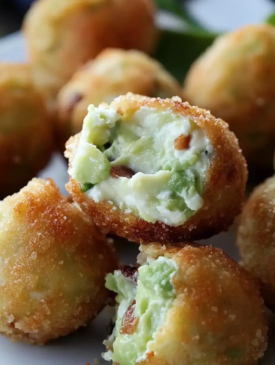 A close-up of golden-brown fried balls filled with a creamy green filling, some of which are partially bitten open to reveal the texture inside.