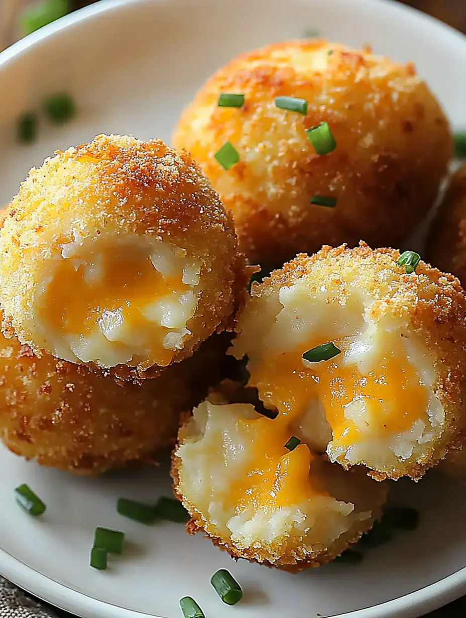 A plate of golden-brown, crispy cheese-filled potato balls, with one ball cut open to reveal melted cheese inside and garnished with chopped chives.