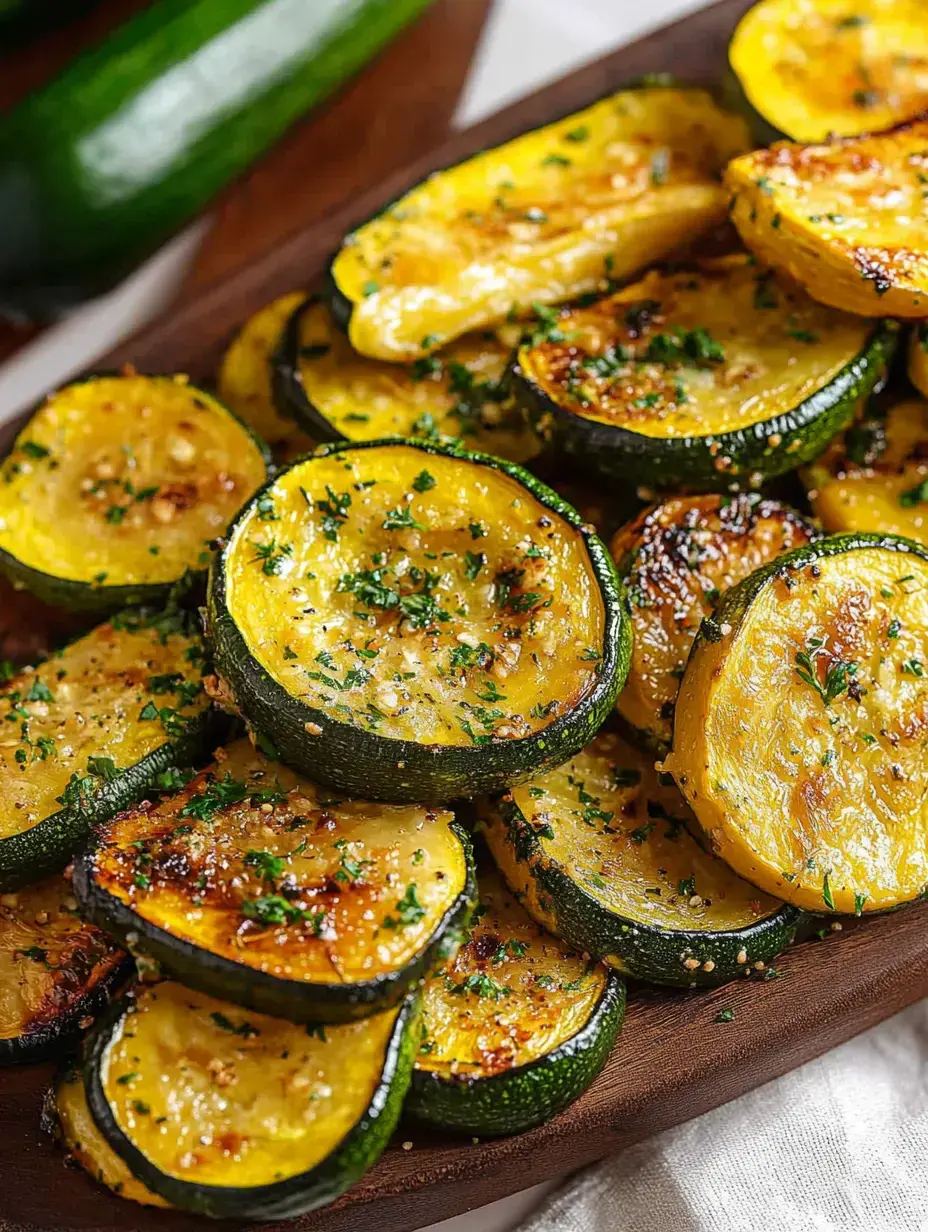 A wooden platter holds golden, sautéed zucchini and yellow squash slices, garnished with herbs.