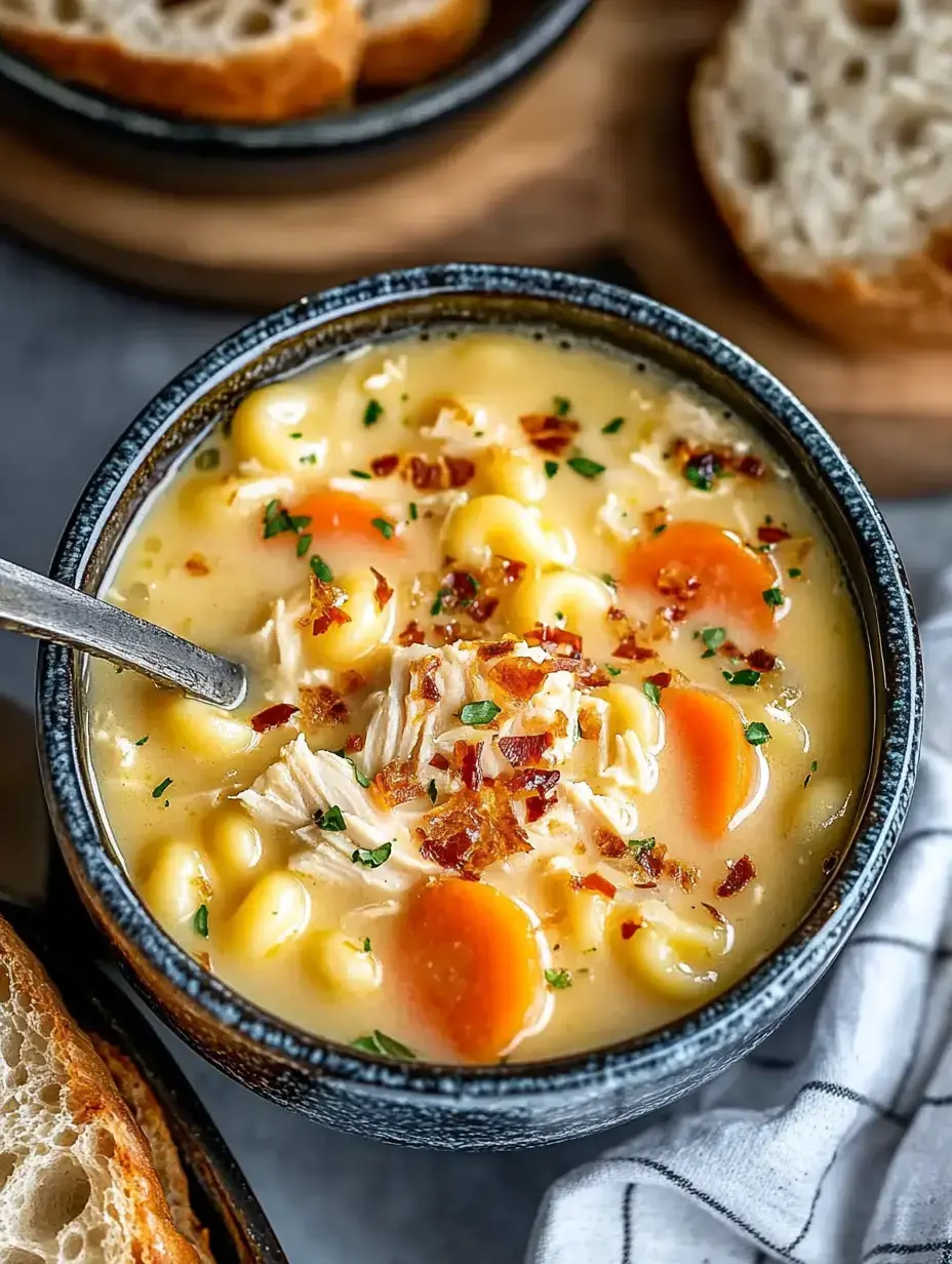 A bowl of creamy chicken noodle soup with carrots, herbs, and crispy bacon pieces, alongside slices of bread.