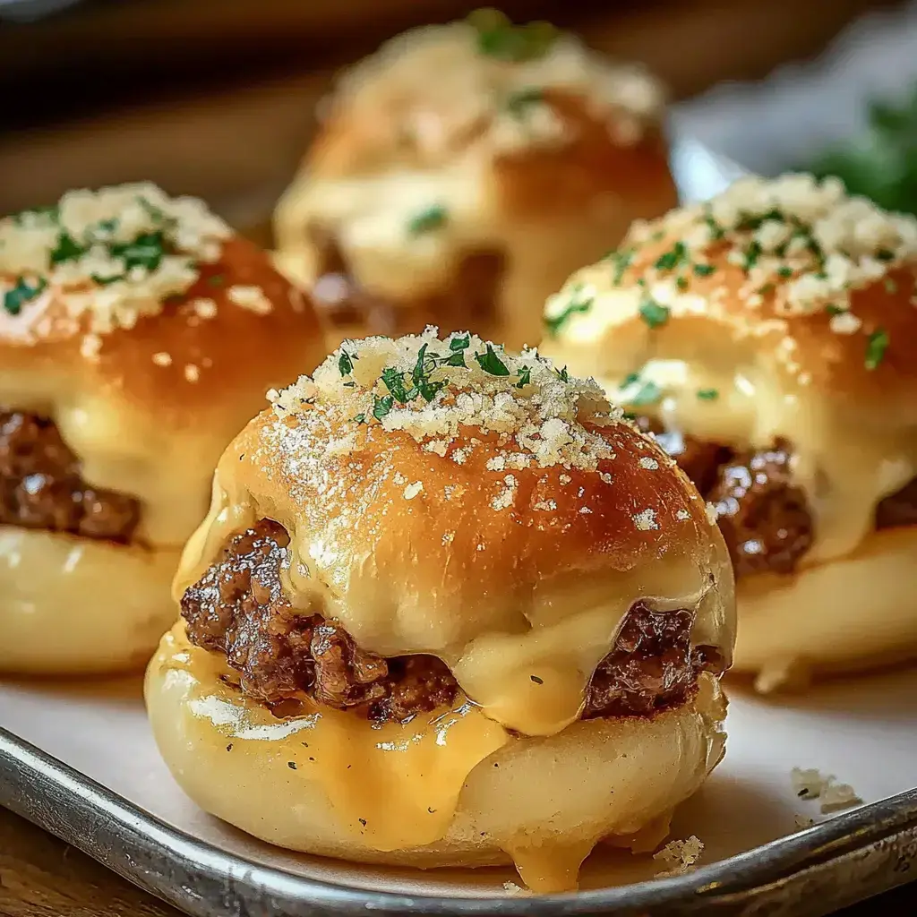 A close-up of soft, cheesy buns filled with meat, garnished with herbs and breadcrumbs.