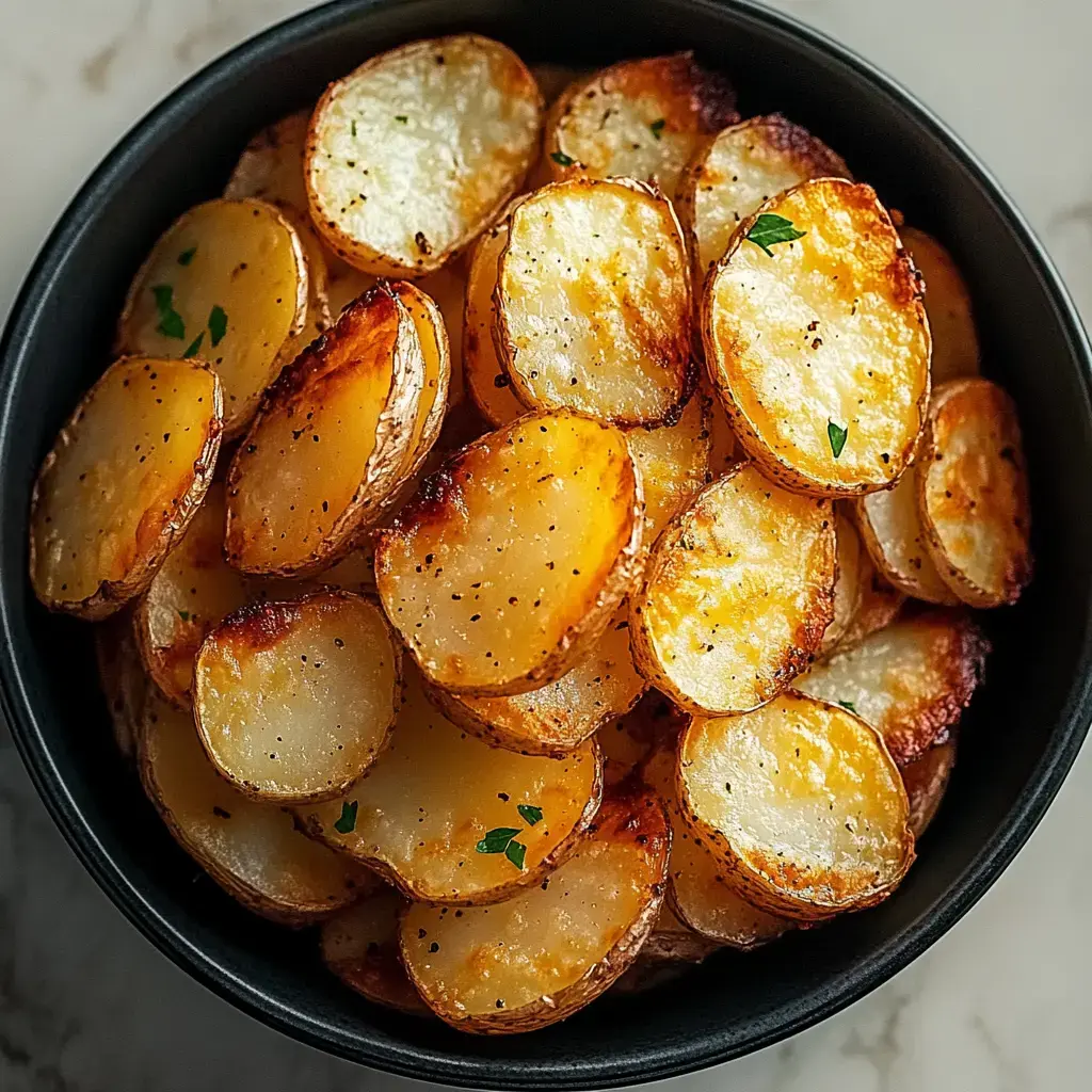 A bowl of crispy, golden-brown sliced potatoes garnished with parsley.