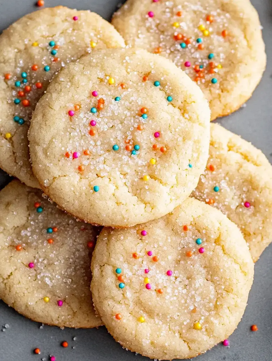 A close-up of several sugar cookies topped with colorful sprinkles and granulated sugar.