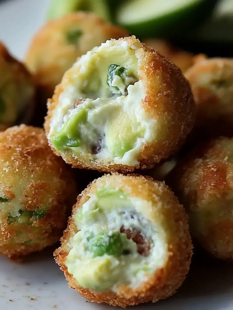 A close-up of golden-brown, breaded avocado bites cut in half, revealing a creamy filling with chunks of avocado and herbs inside.