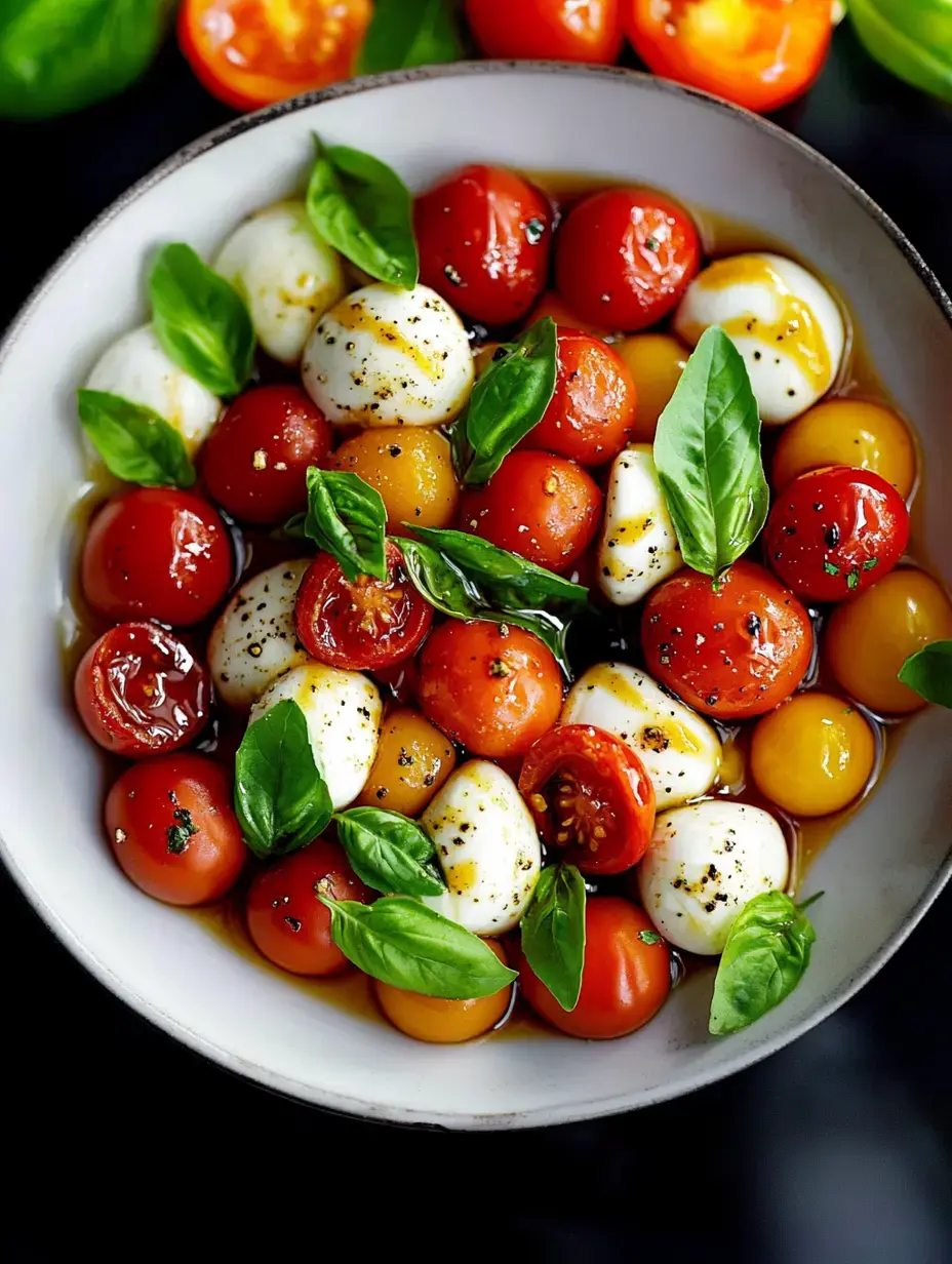 A bowl of colorful cherry tomatoes, fresh mozzarella balls, and basil leaves drizzled with olive oil and seasoning.