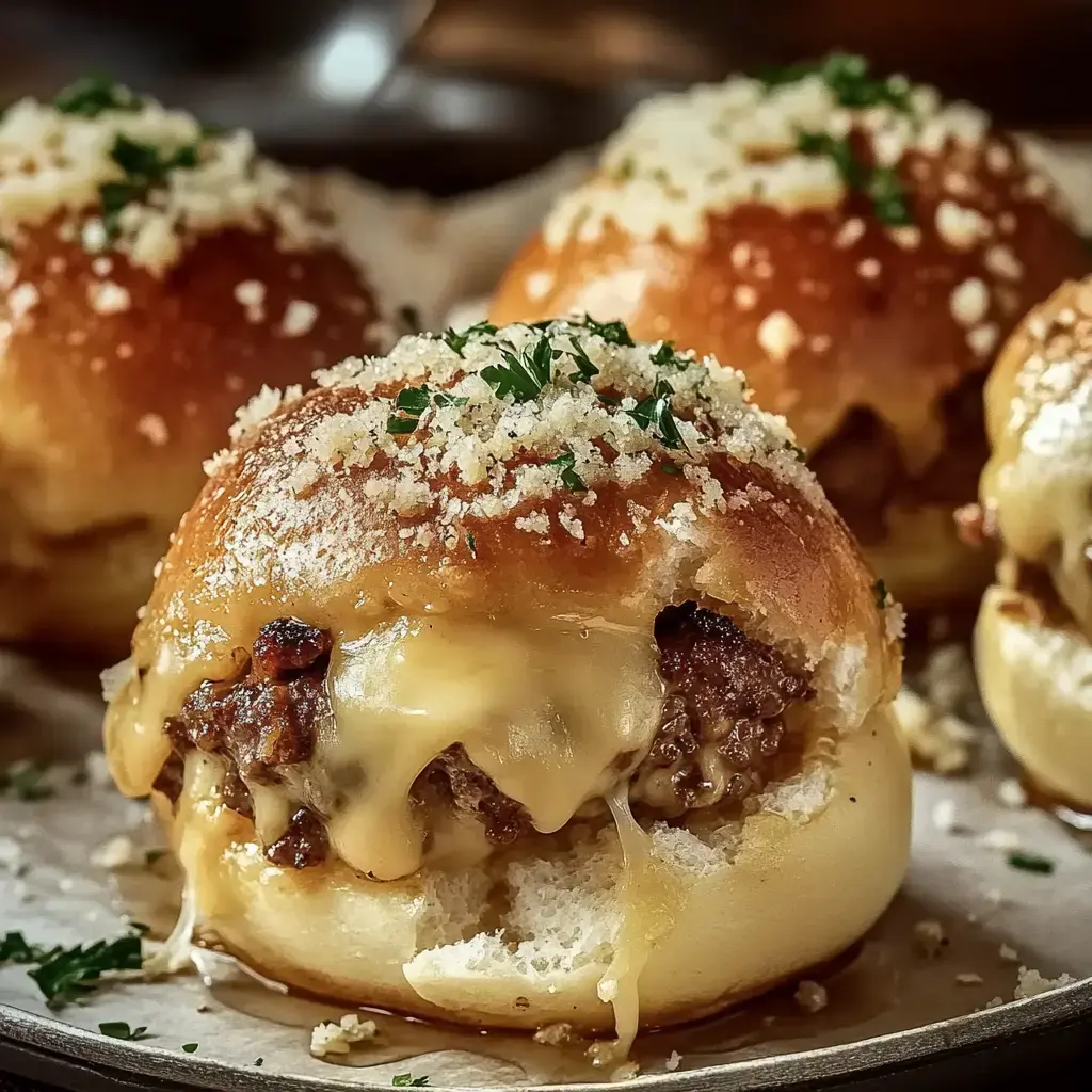 A close-up of soft, cheesy meat-filled buns topped with parsley and breadcrumbs on a serving tray.