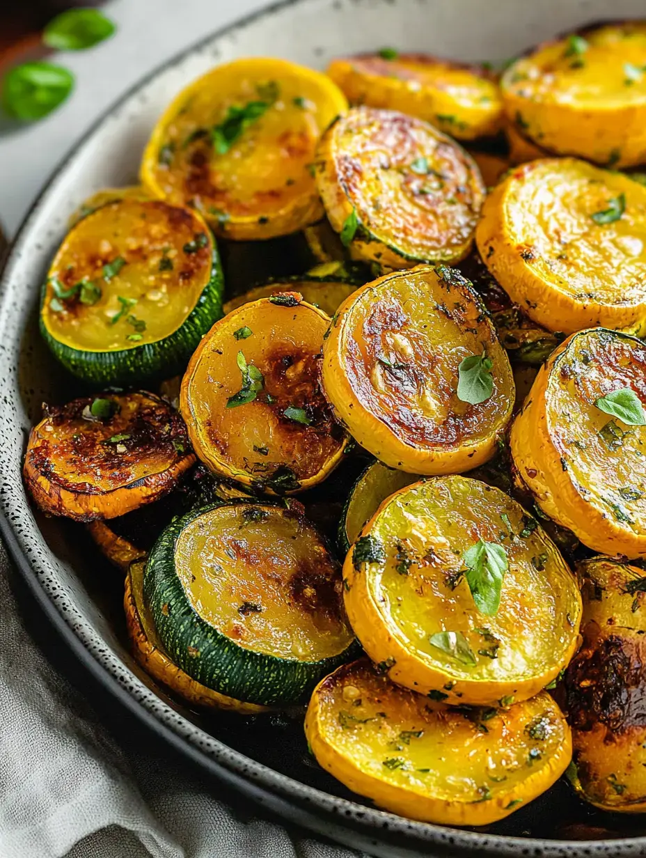 A black bowl filled with golden and green roasted zucchini and yellow squash, garnished with herbs.