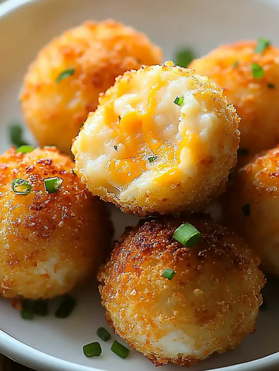 A plate of golden, crispy cheese balls, one cut in half to reveal melted cheese inside, garnished with chopped green onions.