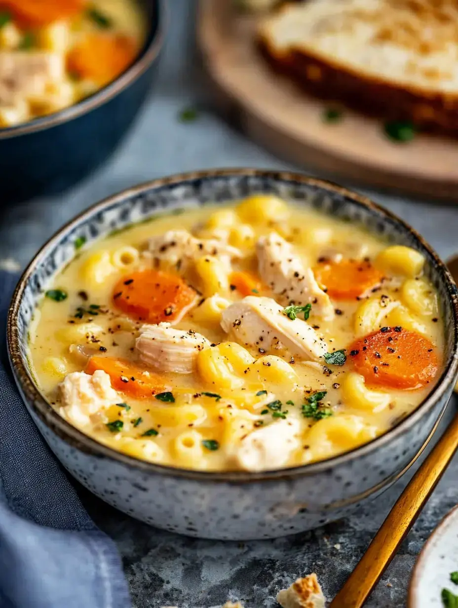 A close-up of a bowl of creamy chicken and macaroni soup with carrots, garnished with herbs, next to a slice of toasted bread.