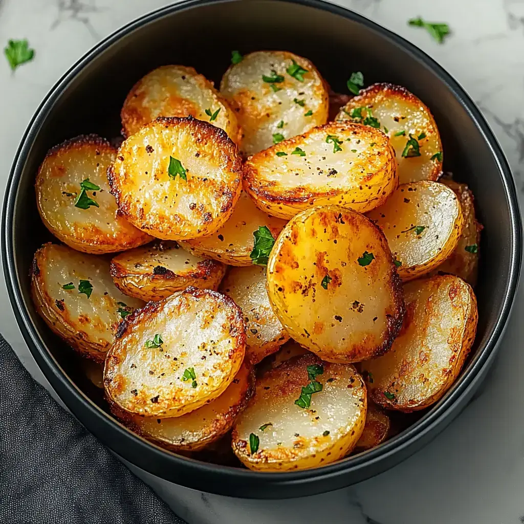 A black bowl filled with golden-brown sliced roasted potatoes garnished with chopped parsley.