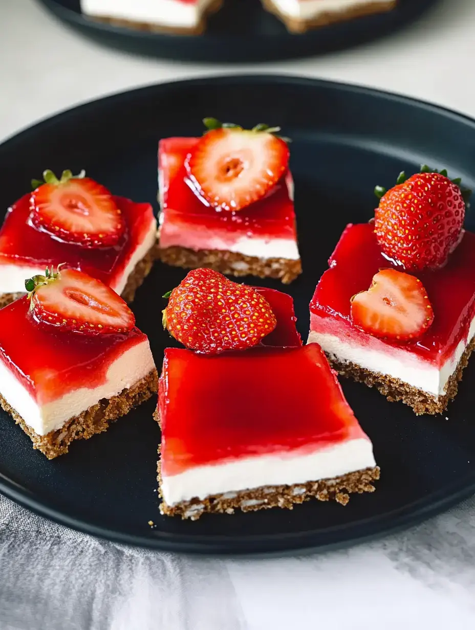 A plate of layered strawberry cream dessert squares topped with fresh strawberries and a glossy red jelly.