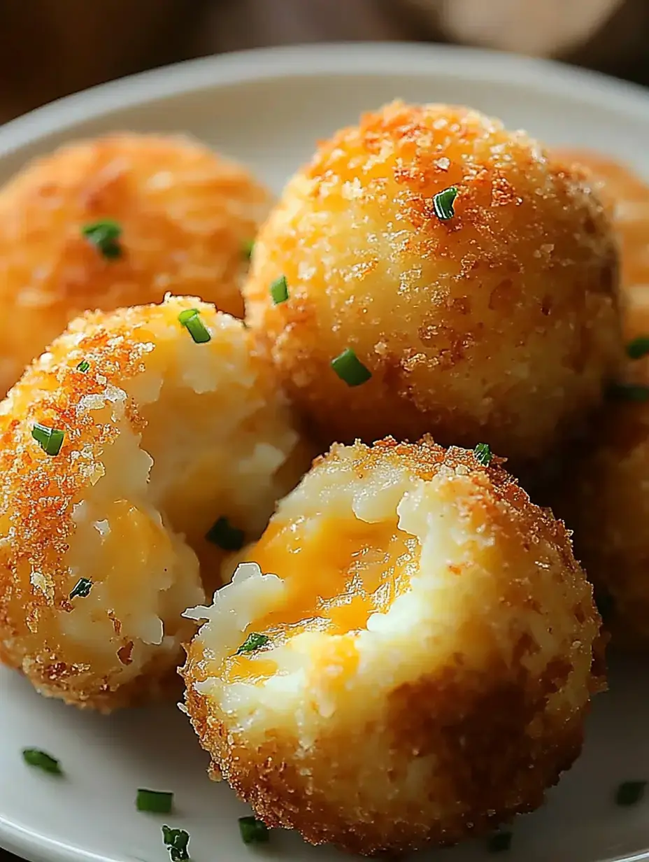 A plate of golden, crispy potato balls with melted cheese visible inside, garnished with small pieces of green chives.