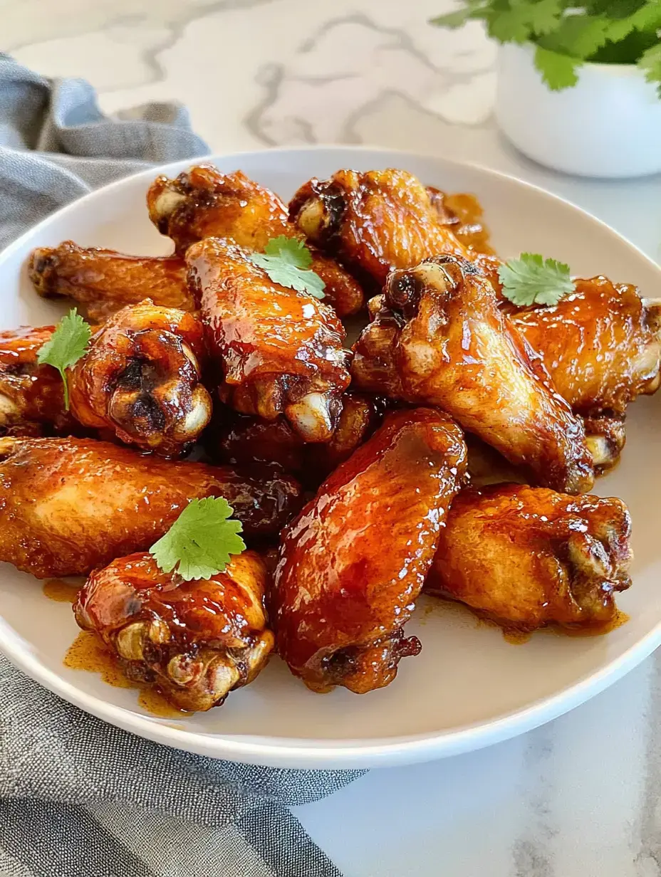 A plate of glazed chicken wings garnished with fresh cilantro.