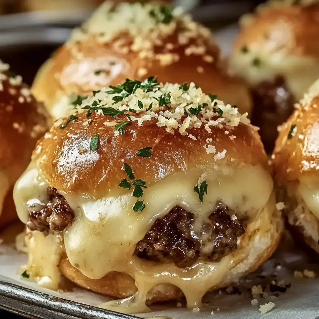 A close-up of cheesy, beef-stuffed sliders topped with breadcrumbs and parsley on a baking tray.