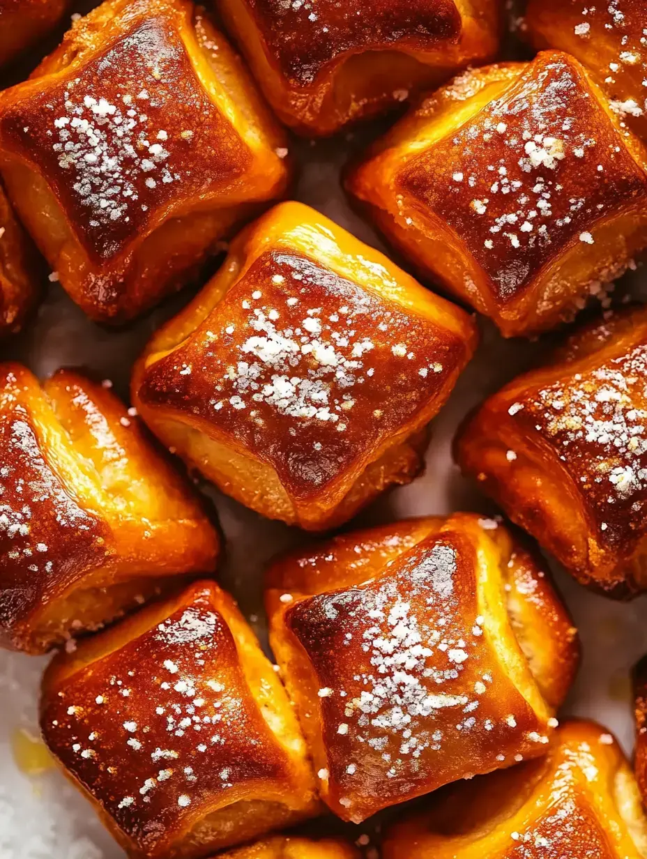 A close-up image of golden-brown, square pastries dusted with powdered sugar.