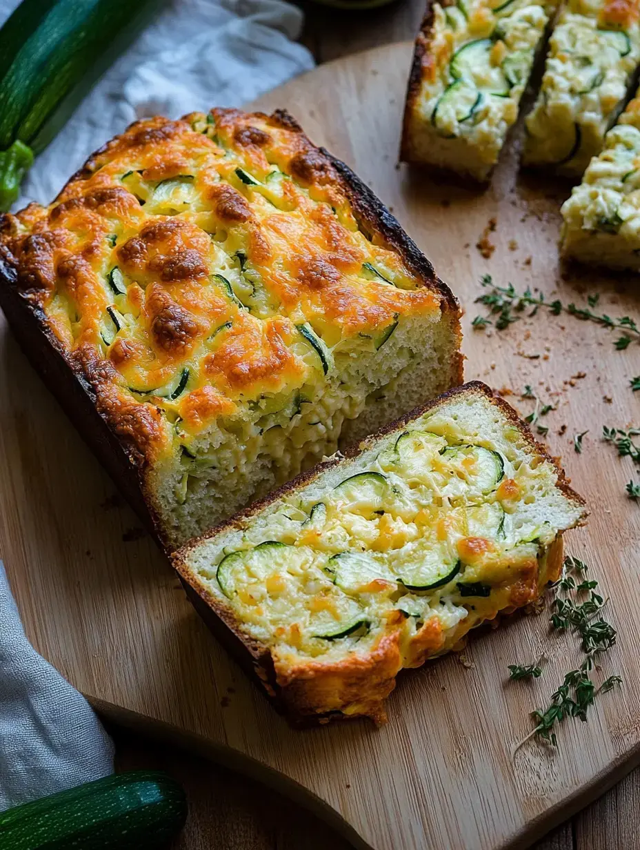 A freshly baked zucchini bread loaf, sliced to reveal its moist interior with visible zucchini and cheese, is displayed on a wooden cutting board alongside a whole zucchini and sprigs of thyme.