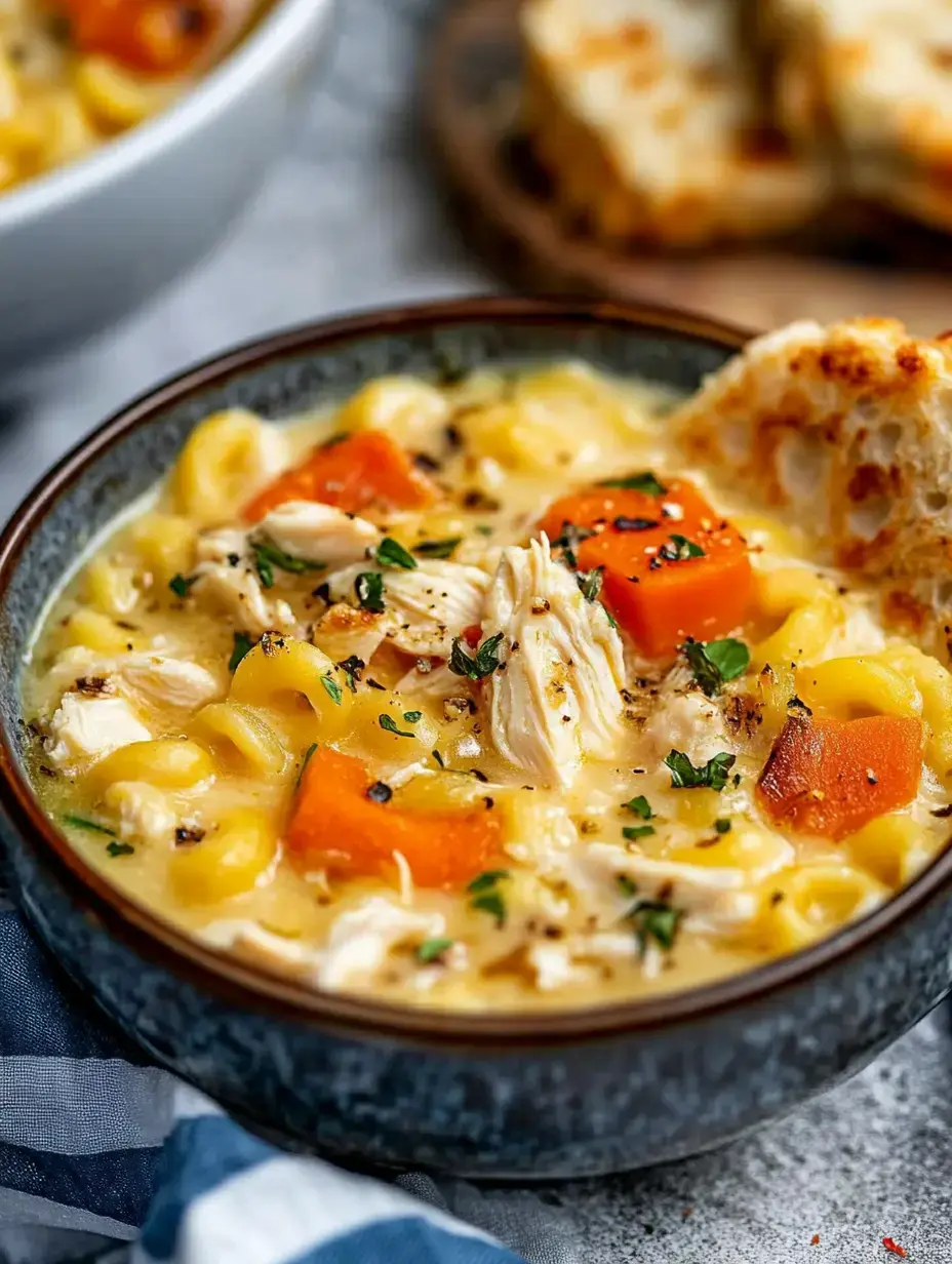 A bowl of creamy chicken soup with pasta, carrots, and herbs, accompanied by a piece of golden-brown bread.