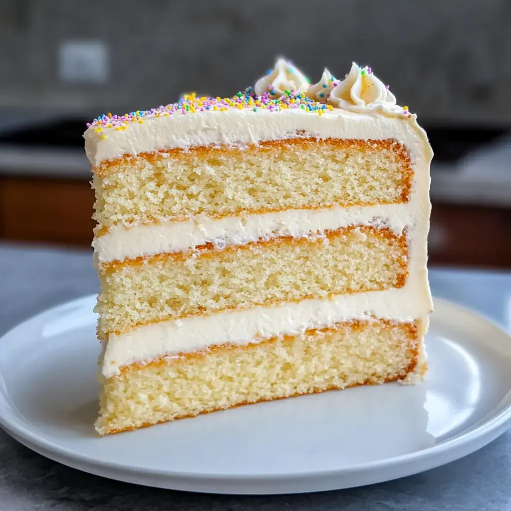 A slice of three-layer vanilla cake with creamy frosting and colorful sprinkles on top, served on a white plate.