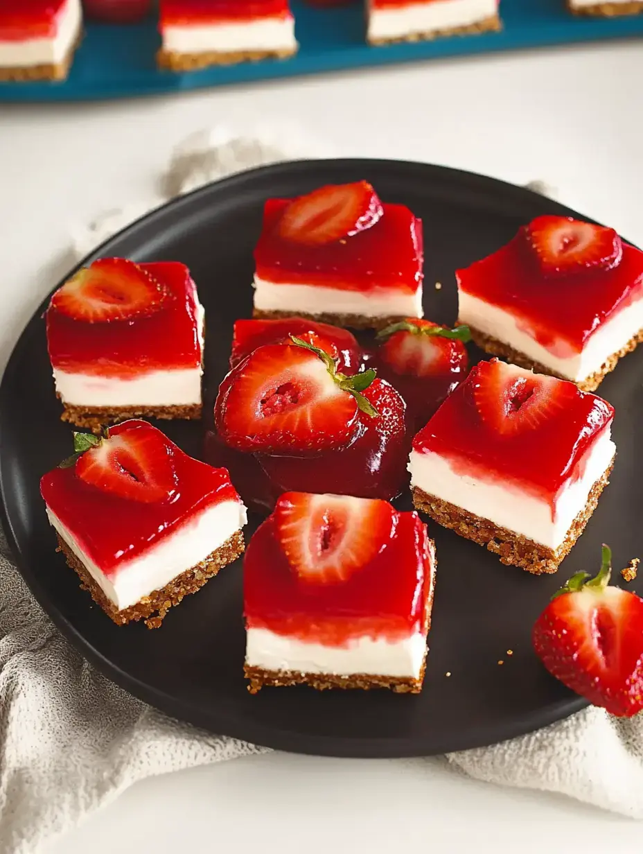 A black plate holds rectangular strawberry dessert slices topped with glossy red gelatin and fresh strawberry pieces.