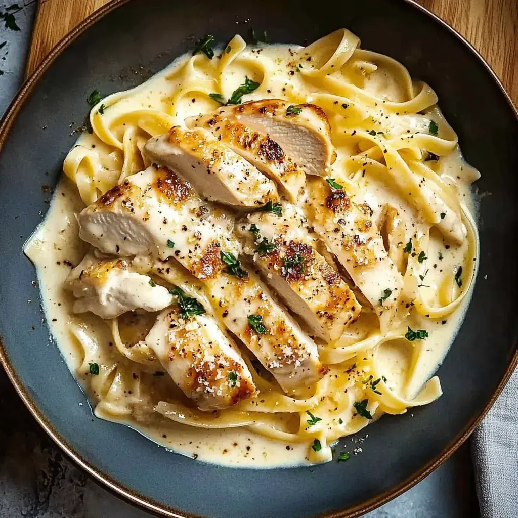 A serving of fettuccine pasta topped with sliced grilled chicken in a creamy sauce, garnished with herbs.