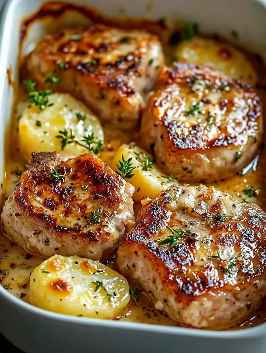 A baking dish containing golden-brown seared pork chops with sliced potatoes and garnished with fresh herbs.