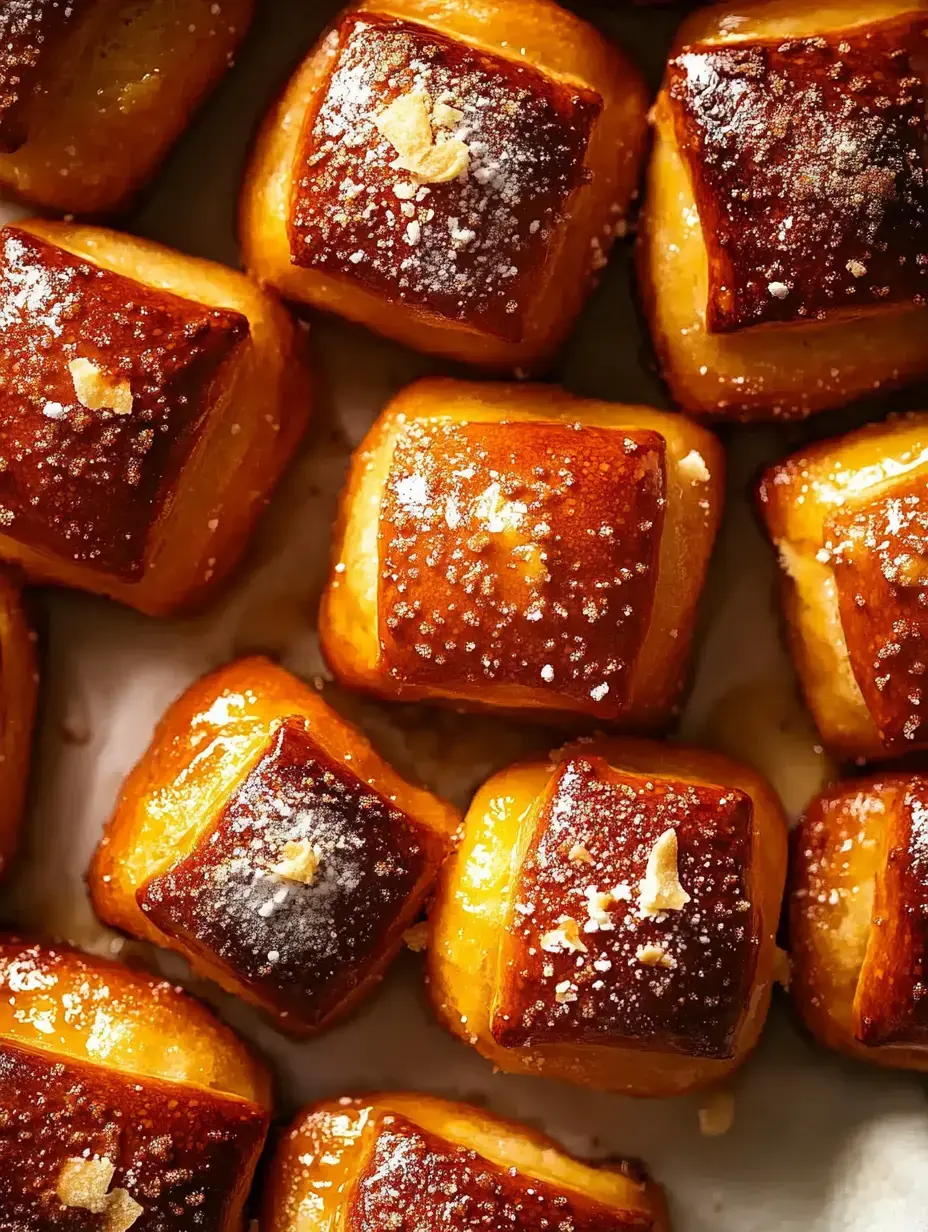 A close-up of golden, square-shaped pastries with a shiny caramelized crust and a dusting of powdered sugar.