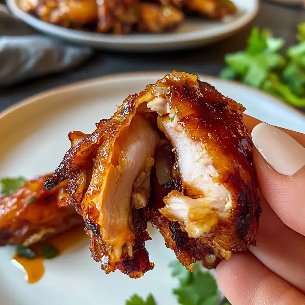 A close-up of a hand holding a piece of juicy, glistening grilled chicken with crispy skin, showcasing its tender interior.