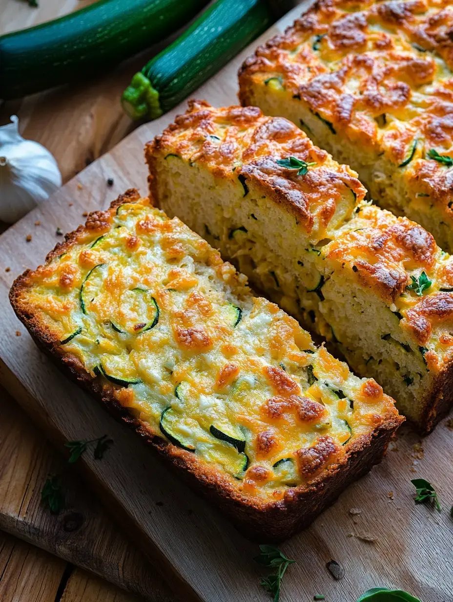 A freshly baked zucchini bread with a golden crust, sliced to reveal its moist interior, is displayed on a wooden cutting board alongside garlic and whole zucchinis.