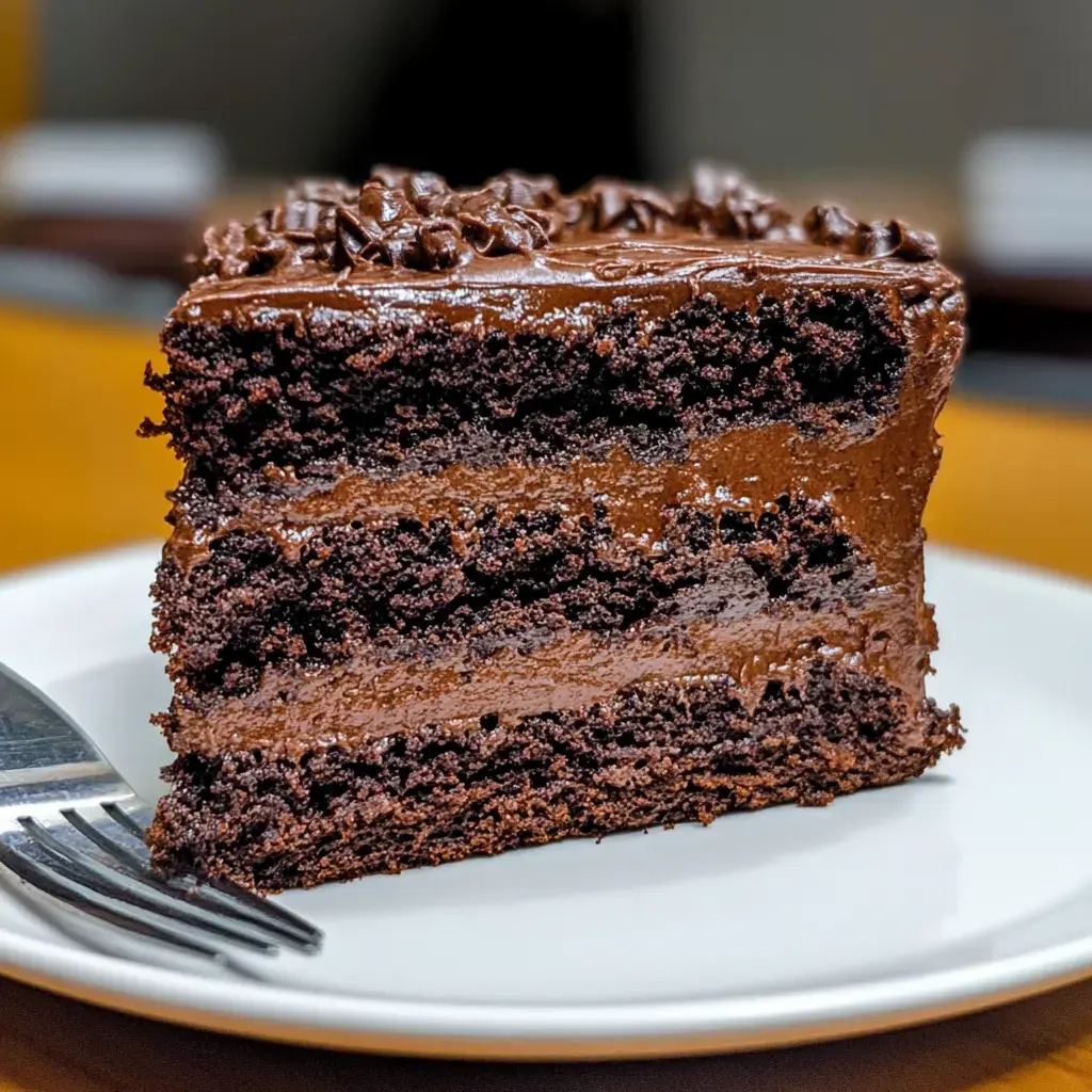 A slice of rich chocolate cake with layers of chocolate frosting sits on a white plate next to a fork.