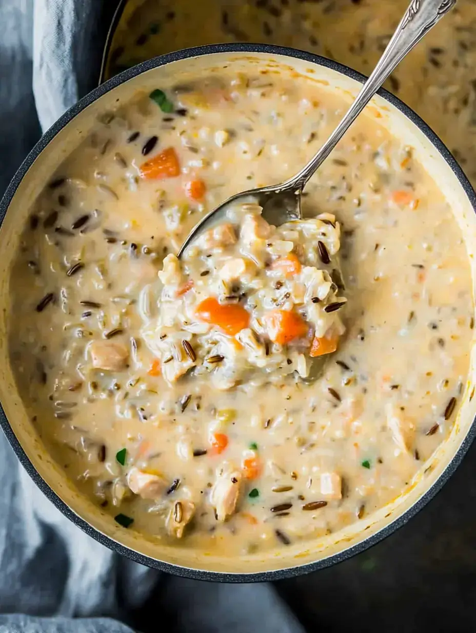 A creamy soup with chunks of chicken, carrots, and wild rice is shown in a pot with a spoon.