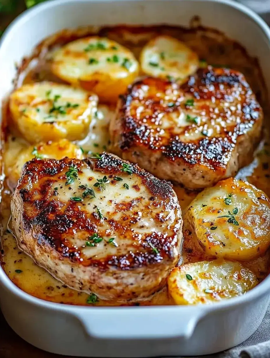 A close-up of a baking dish containing golden-brown pork chops topped with melted cheese, surrounded by roasted potato slices and sprinkled with fresh herbs.