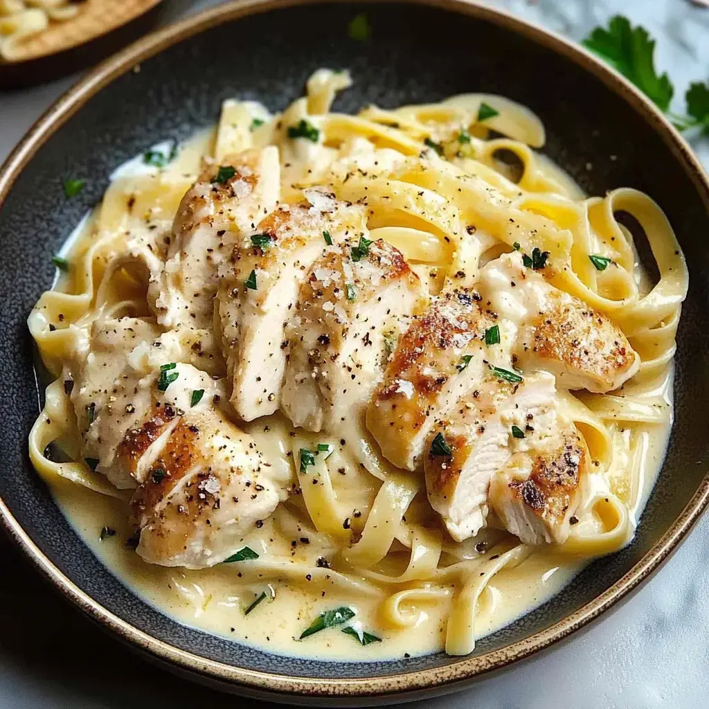 A bowl of creamy fettuccine pasta topped with sliced grilled chicken and garnished with parsley.