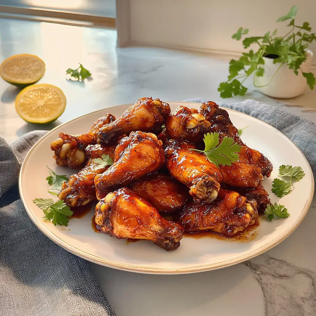 A plate of glazed chicken wings garnished with cilantro, accompanied by two lemon halves in the background.