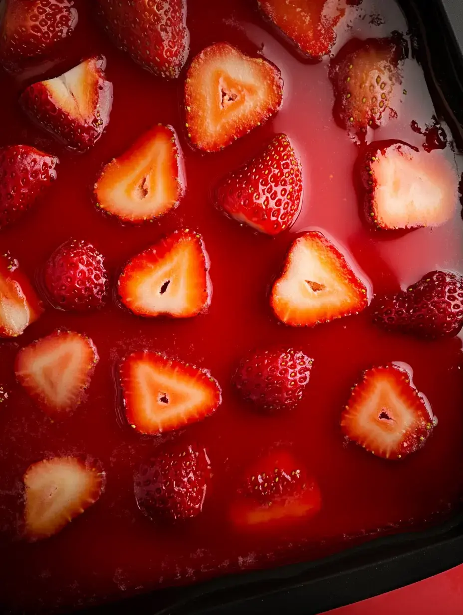 A close-up view of sliced strawberries floating in a red jelly or gelatin dessert.