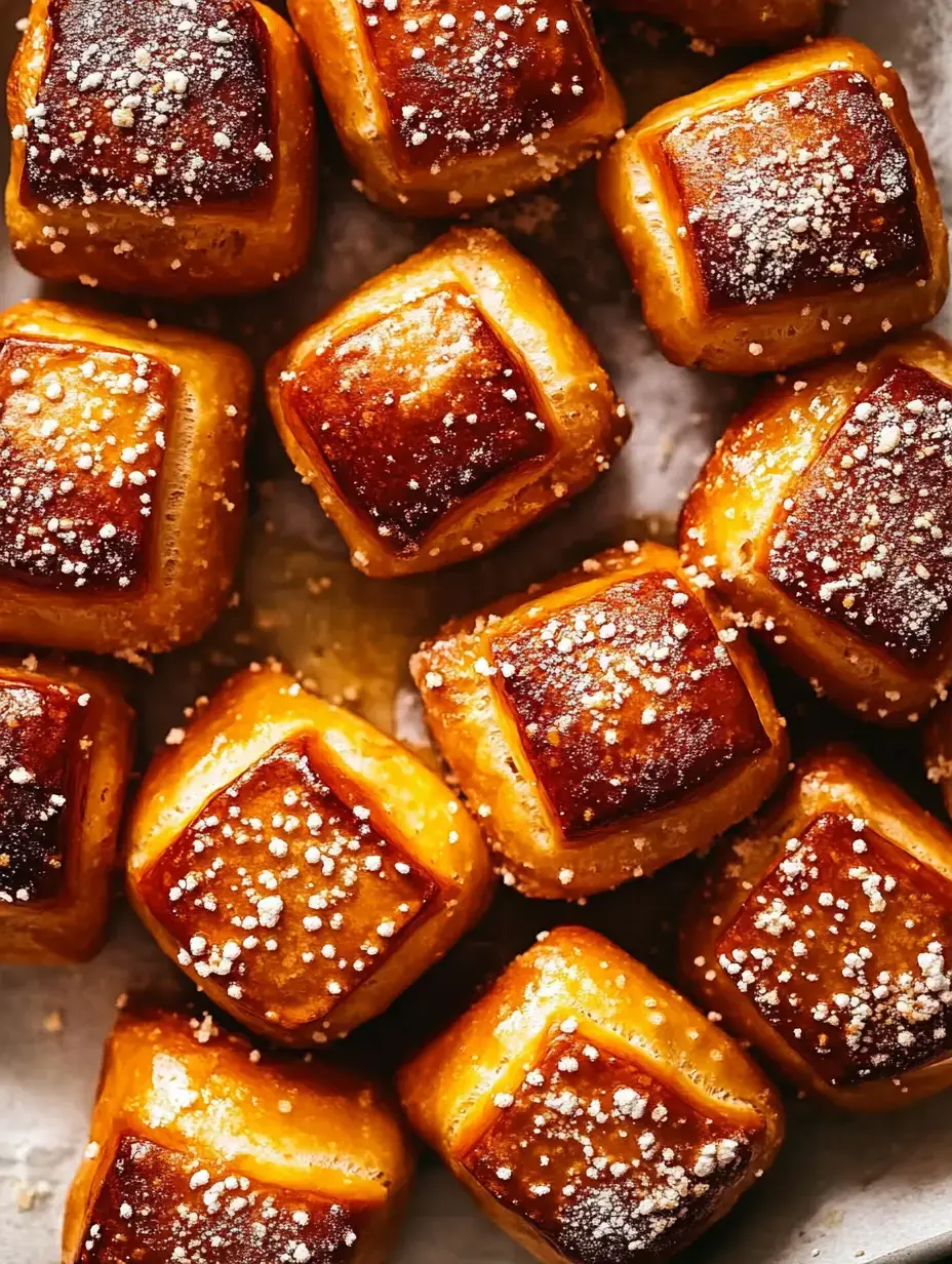 A close-up image of golden-brown square-shaped pastries sprinkled with powdered sugar.