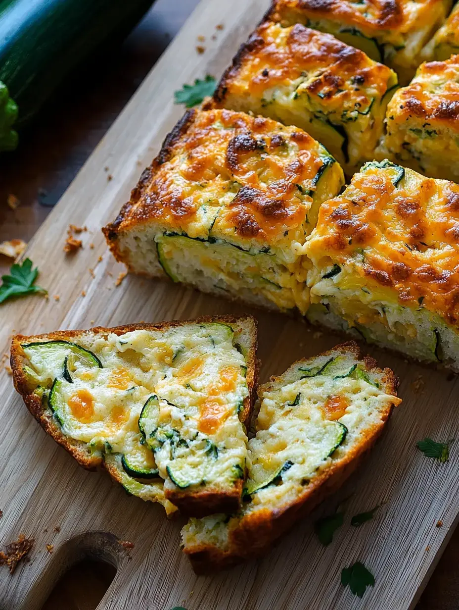 A slice of cheesy zucchini bread is displayed on a wooden cutting board, with the remaining loaf partially visible in the background.