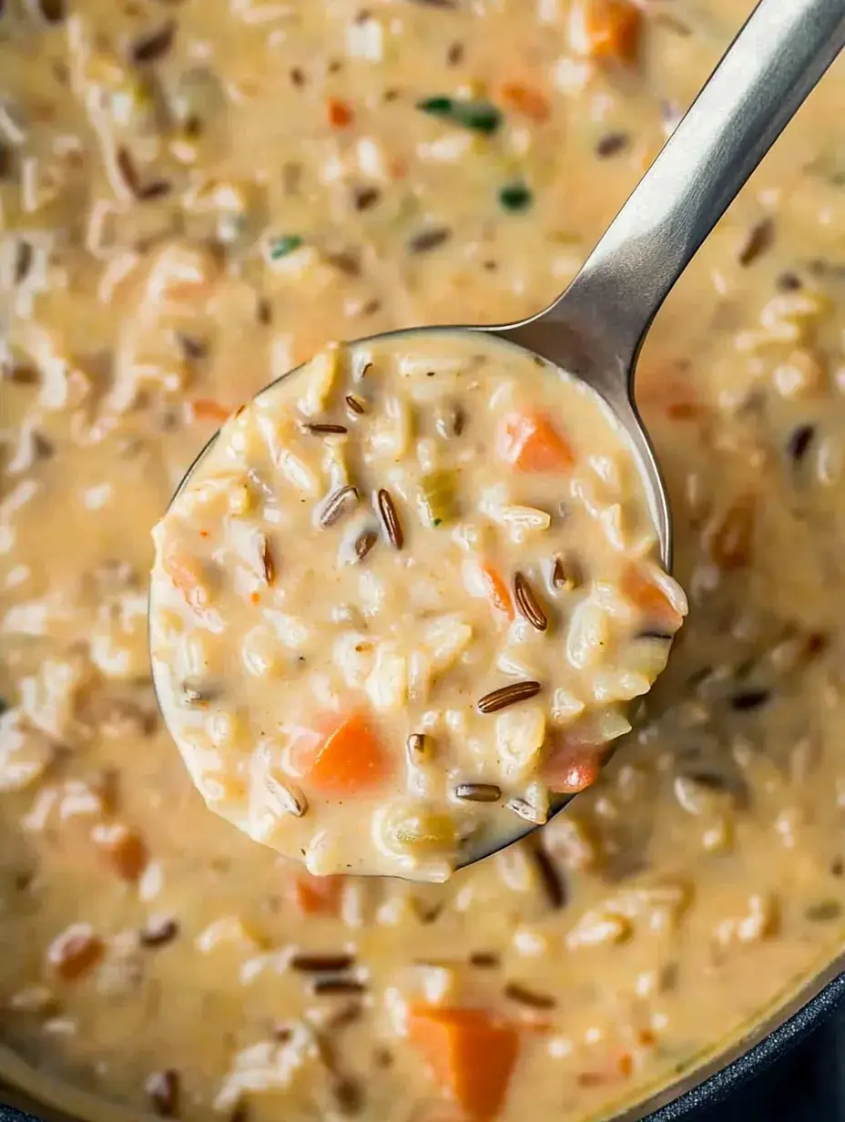 A spoonful of creamy soup with rice, vegetables, and seasonings is lifted from a pot.